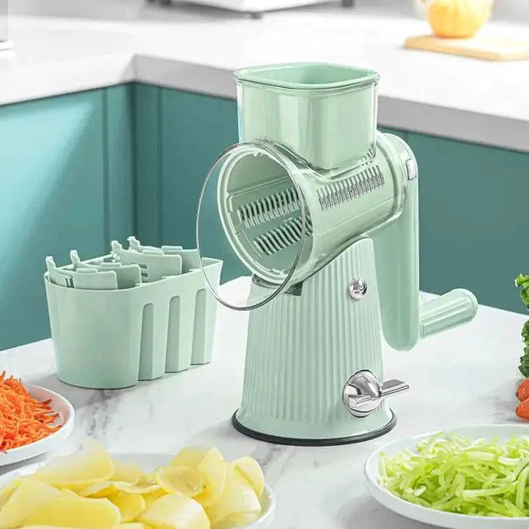 Handheld multifunctional veggie shredder featuring Quick Slice technology for efficient vegetable slicing and shredding.