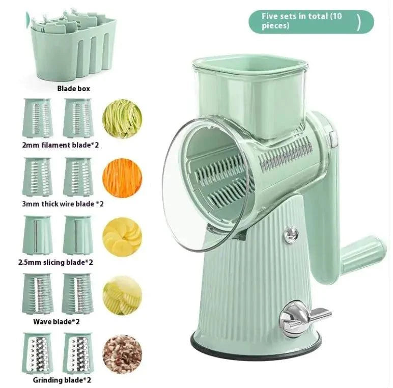 Handheld multifunctional veggie shredder featuring Quick Slice technology for efficient vegetable slicing and shredding.
