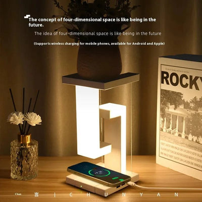 Elegant wireless charging geometric stereo that enhances room aesthetics with a floating design.